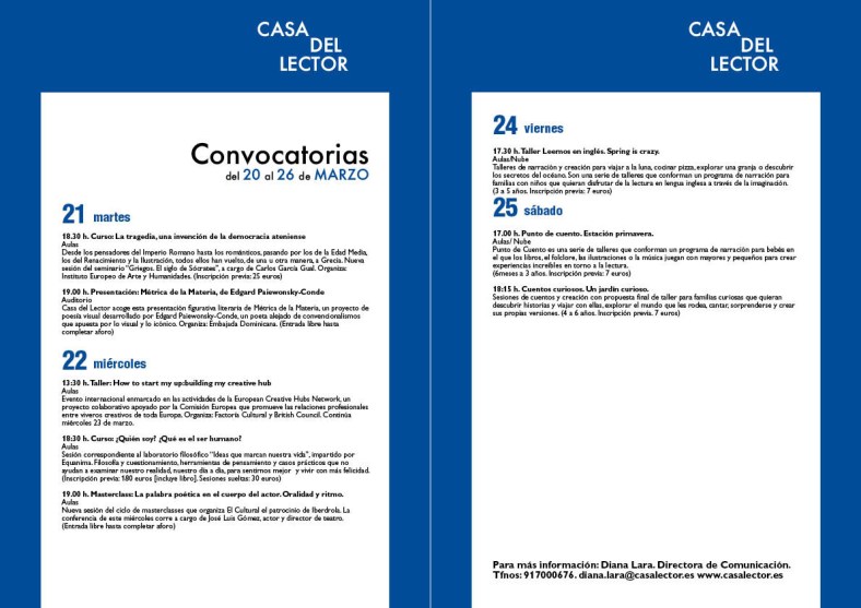 Convocatorias del 20 al 26 de marzo en CASA DEL LECTOR